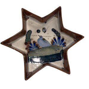 Ken Edwards Vintage Tonala Hexagram Folk Art Craft Pottery Bird Floral Plate